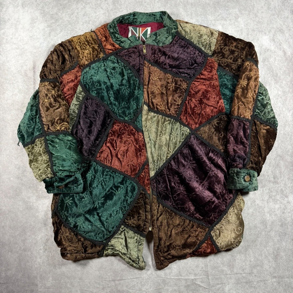 Vintage Komitor Patchwork Velvet Jacket Womens 14/16 Embroidered Boho Zip Up